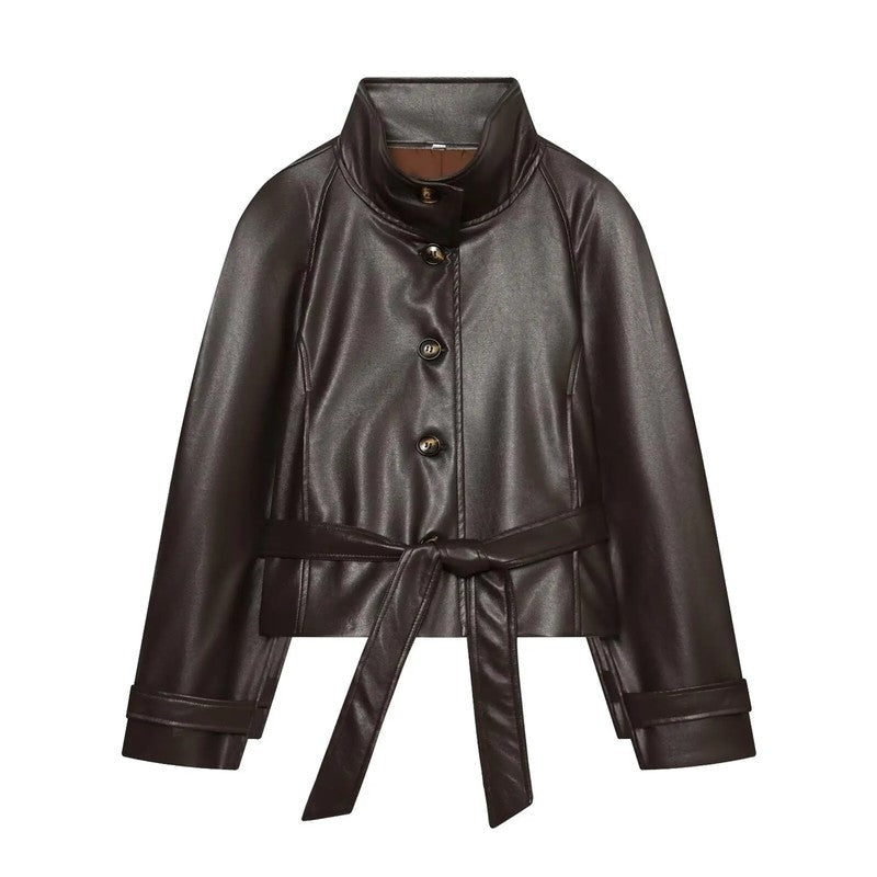 Vionda Belted Faux Leather Jacket