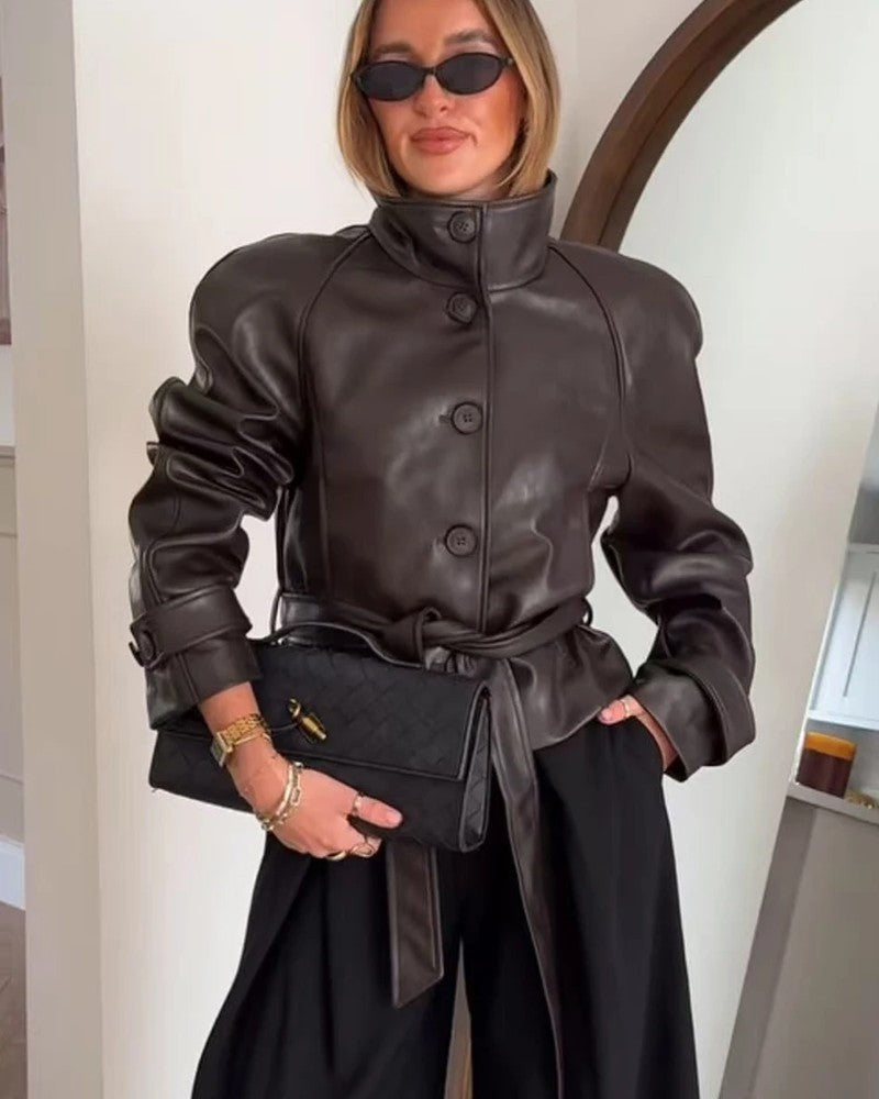 Vionda Belted Faux Leather Jacket