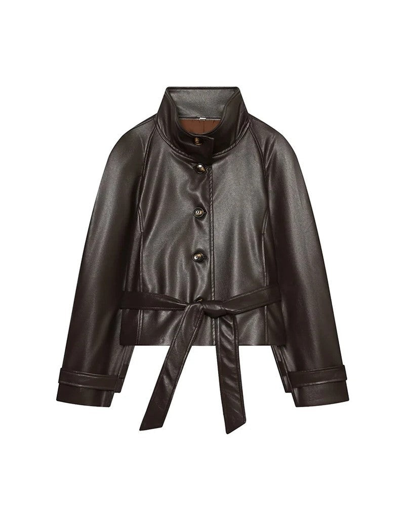Vionda Belted Faux Leather Jacket